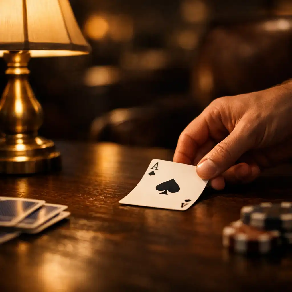A close-up of a hand placing a playing card on a dark wooden table, lit by a warm brass lamp in the card lounge