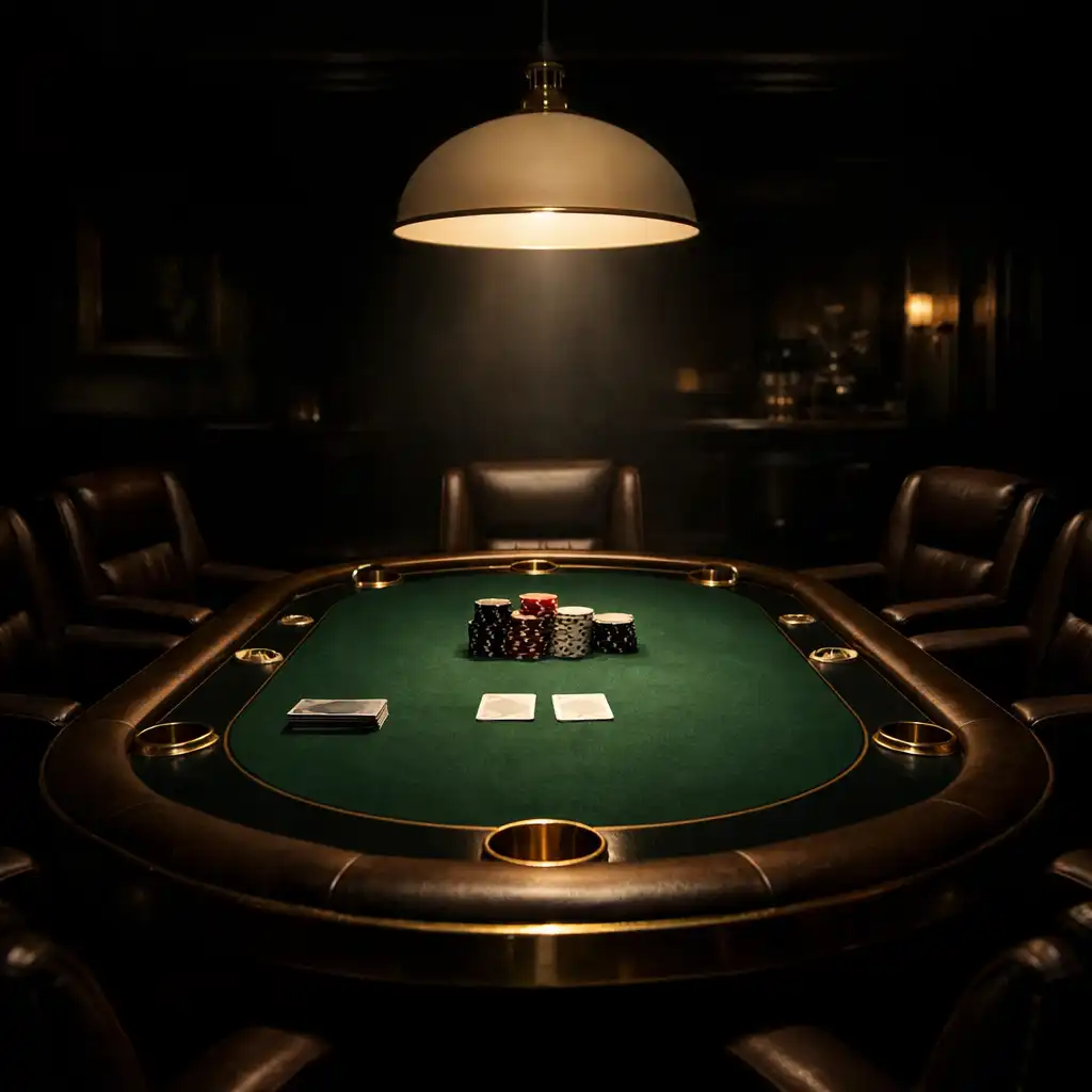 Private card lounge with a professional poker table, green felt, brass accents, and leather chairs under a single pendant light