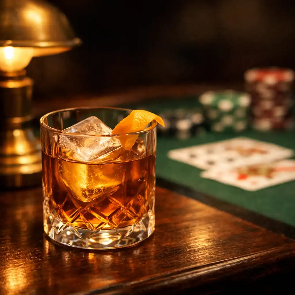 Crafted cocktail in a crystal glass beside a poker table with blurred chips and cards in the background