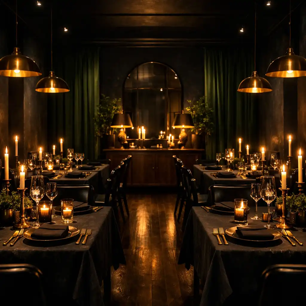Cinematic dining room with dark linens, brass cutlery, and low candlelight