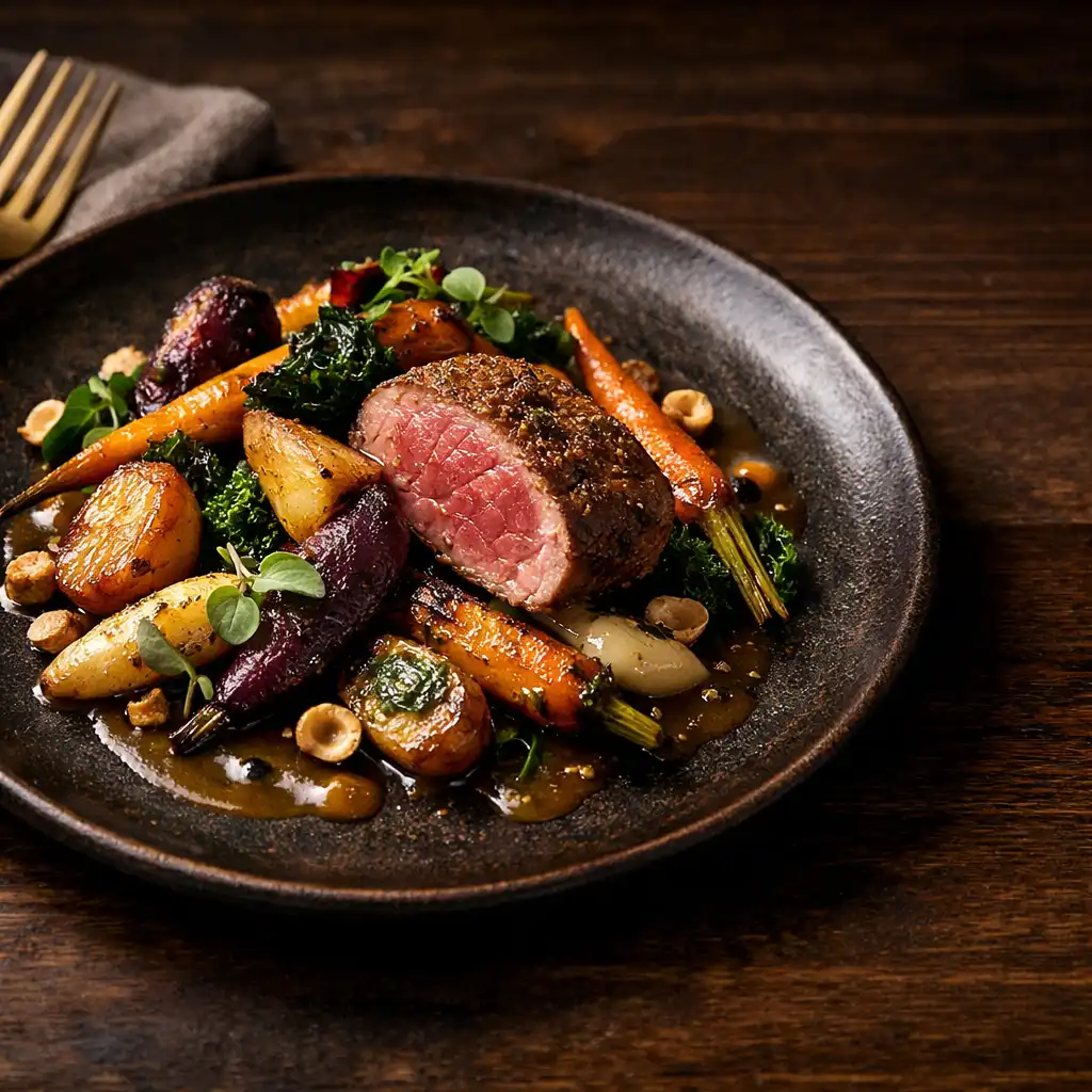 Seasonal Australian dish on a dark ceramic plate with roasted vegetables and a seared protein