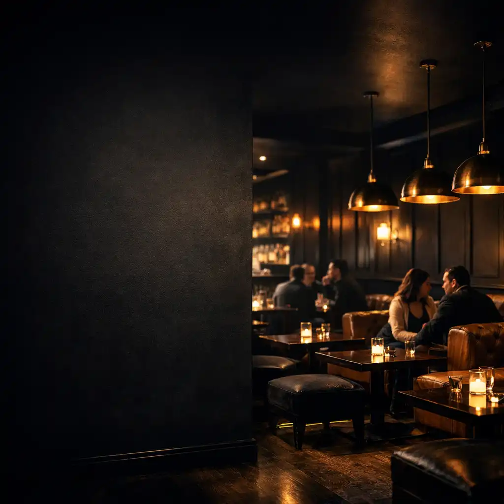 Dark, moody lounge interior with warm brass pendant lights and plush seating