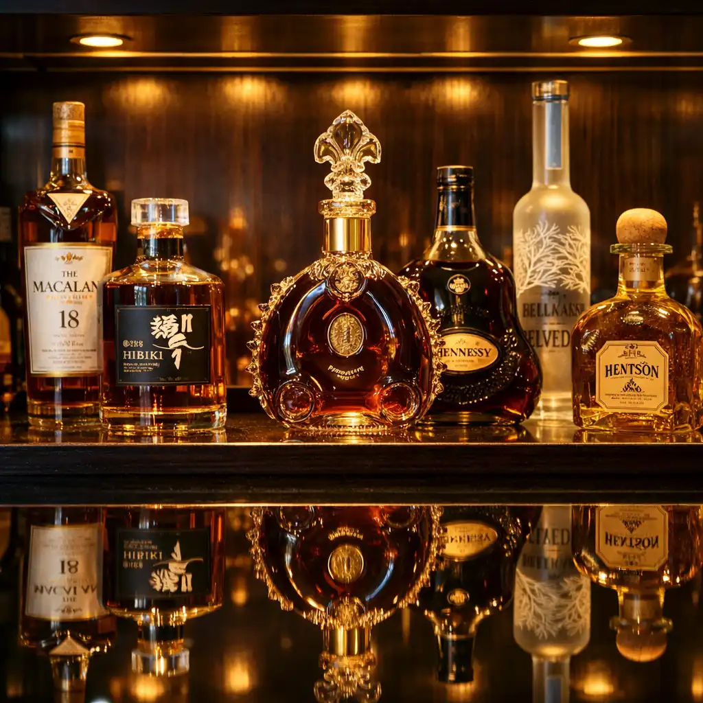 Backlit premium spirits bottles on a dark wooden shelf with brass lighting