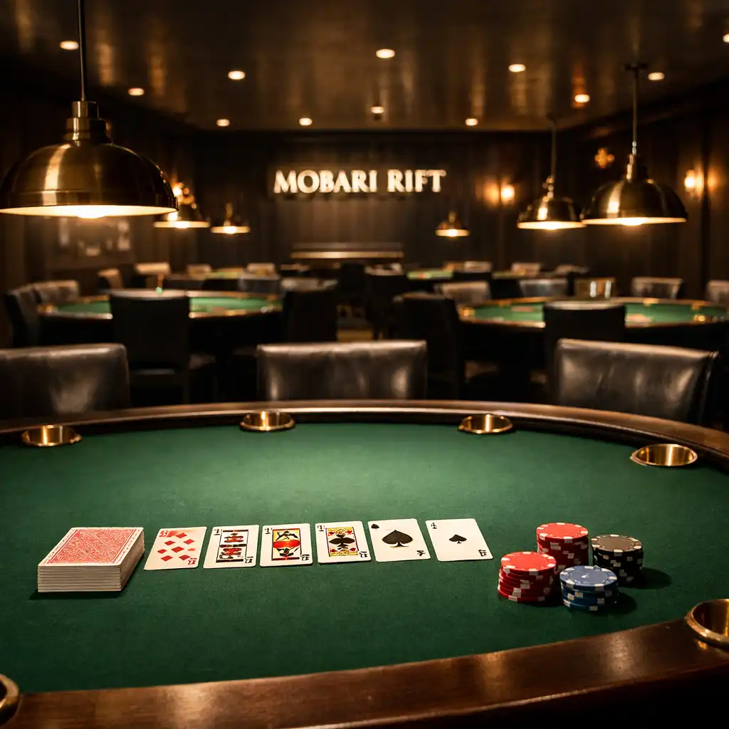 Wide-angle view of the card lounge with professional poker tables, green felt, and low-hanging brass lamps