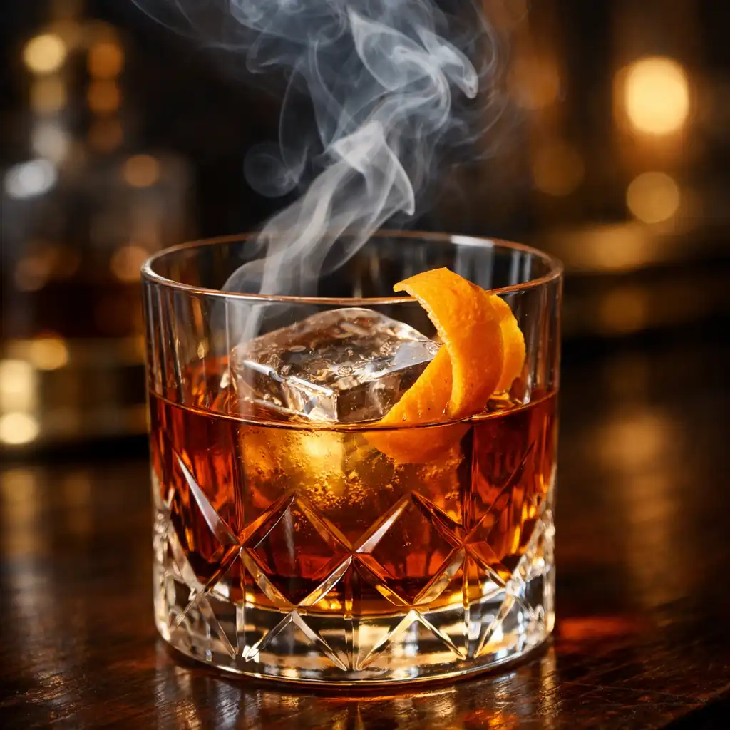 Smoked old fashioned in a heavy crystal rocks glass with a wisp of smoke