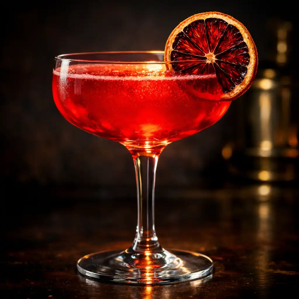 Vibrant red cocktail in a coupe glass garnished with a dehydrated blood orange wheel