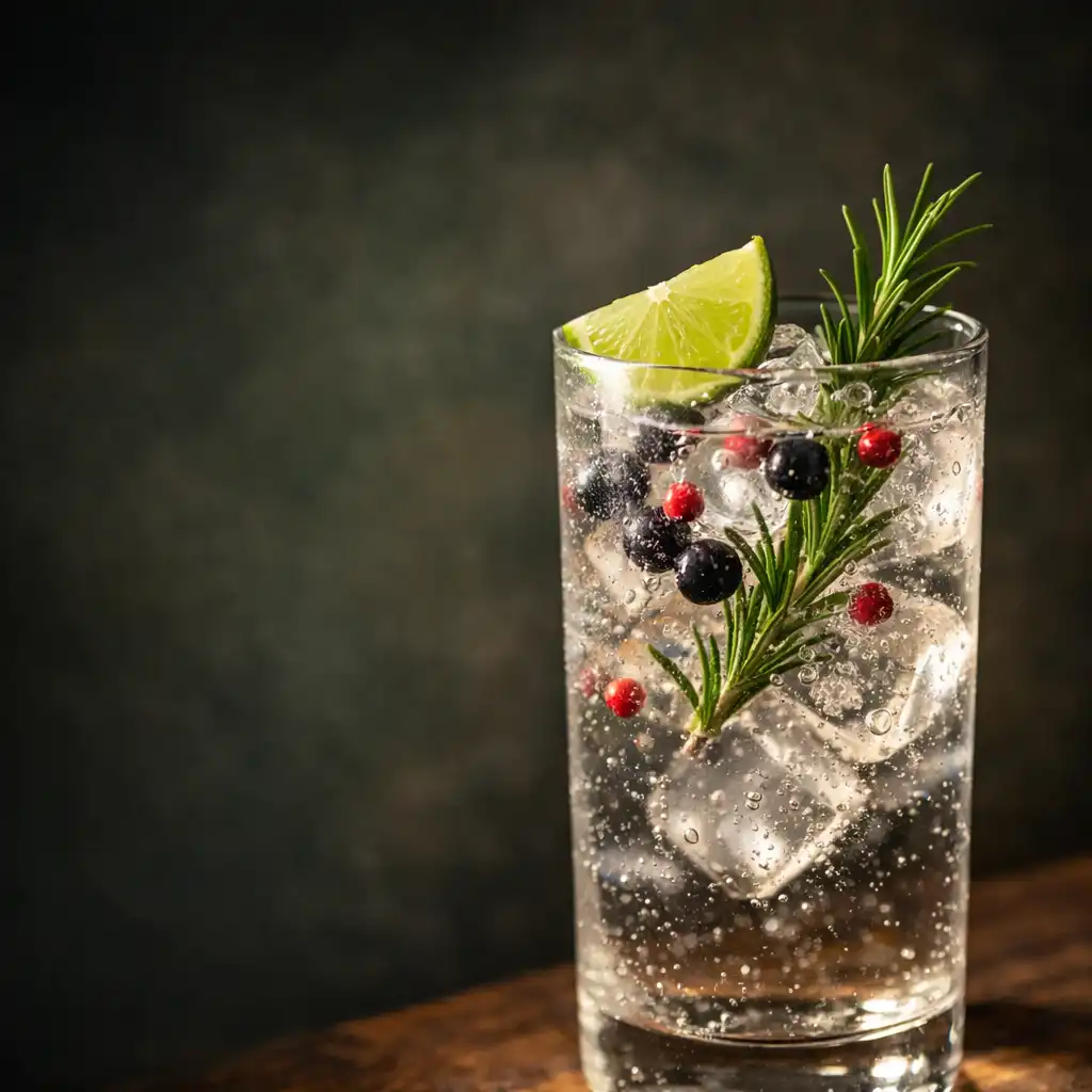 Gin and tonic in a tall highball glass with fresh botanicals and lime