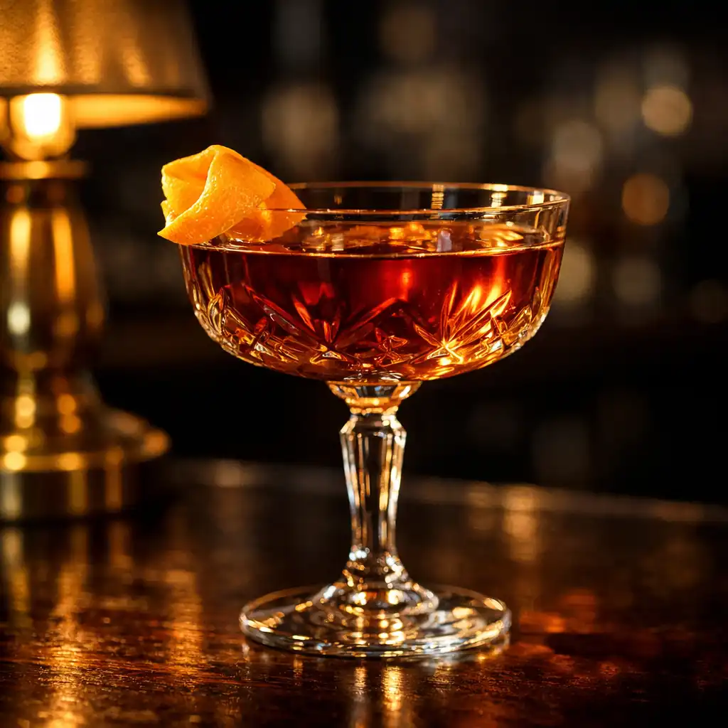 Craft cocktail in a crystal coupe glass with an orange twist, lit by warm brass light