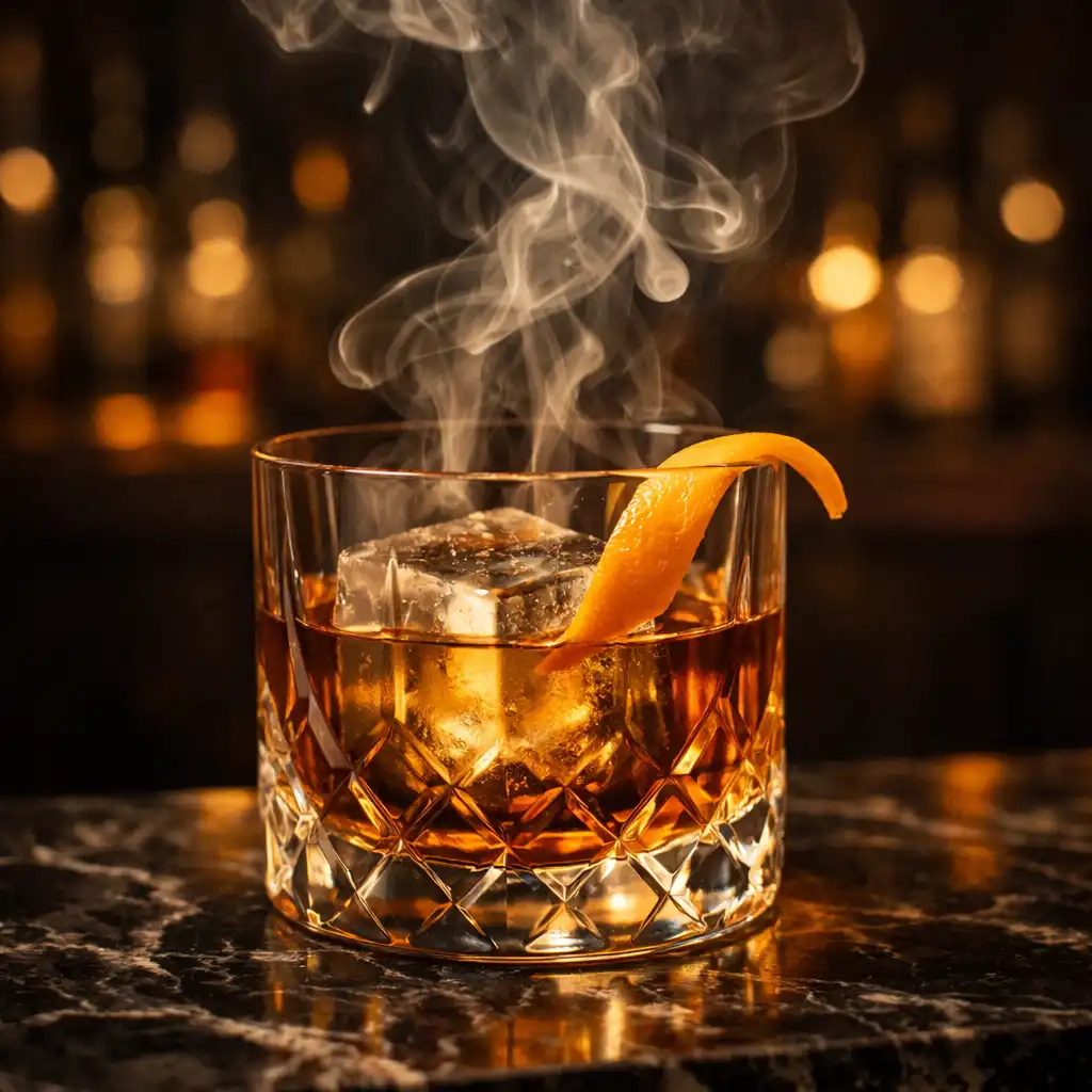 Smoked old fashioned cocktail in a crystal lowball glass with a large ice cube and orange twist on a dark marble bar