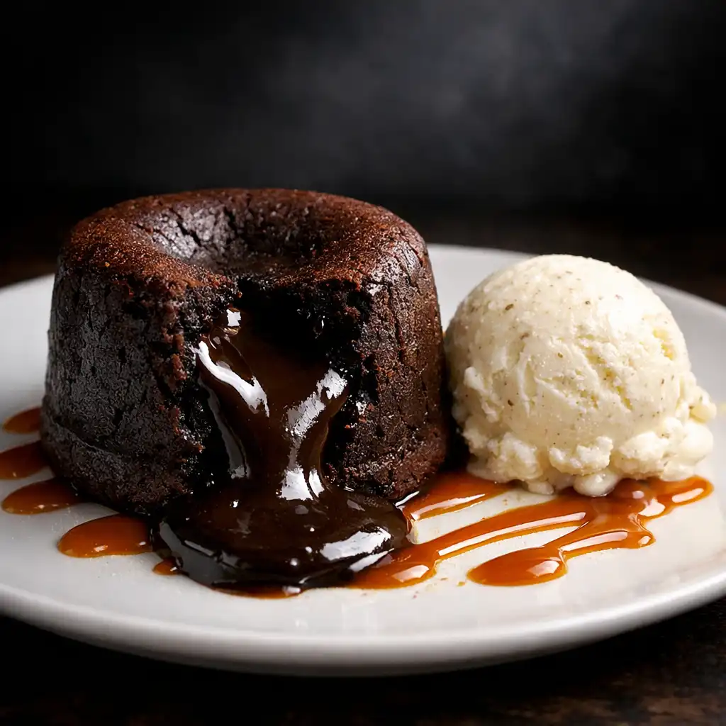 Dark chocolate fondant with molten center, vanilla bean ice cream, and salted caramel on a white plate