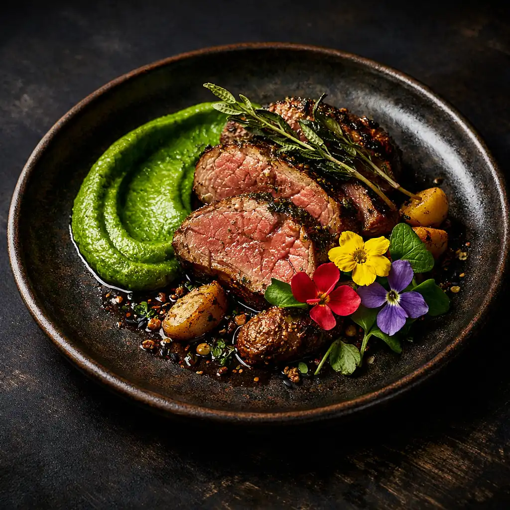 Seasonal Australian dish with roasted lamb, native herbs, and edible flowers on a dark ceramic plate