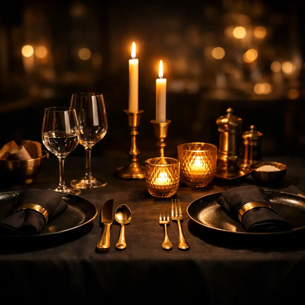 Dimly lit fine dining table set with dark linens, brass cutlery, and glowing candles in the Mobari Rift dining room