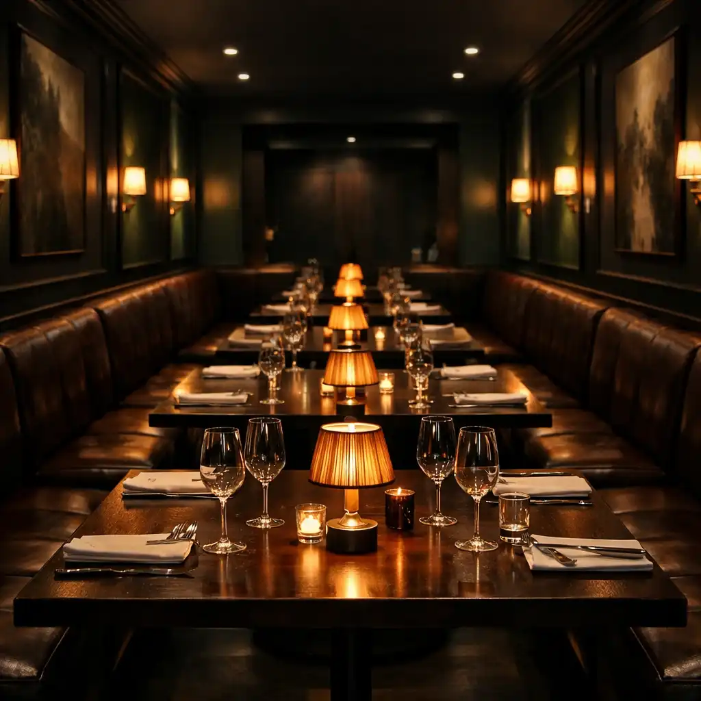Symmetrical view of the intimate dining room with dark leather banquettes and brass table lamps