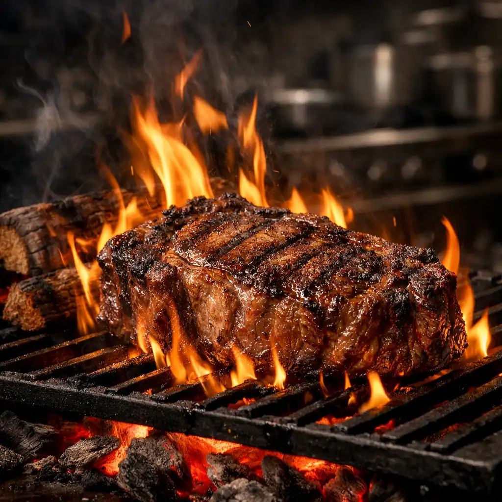 Grill station with flames licking a dry-aged ribeye steak over glowing coals