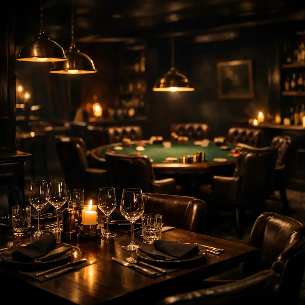 Dimly lit dining room at Mobari Rift with brass pendant lights, dark timber tables, and a poker table in the background