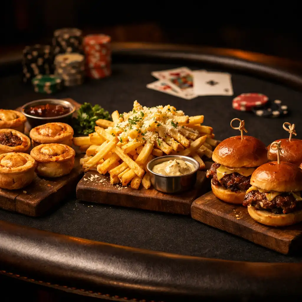 Spread of late-night snacks on a dark poker table with mini beef pies, truffle fries, and sliders
