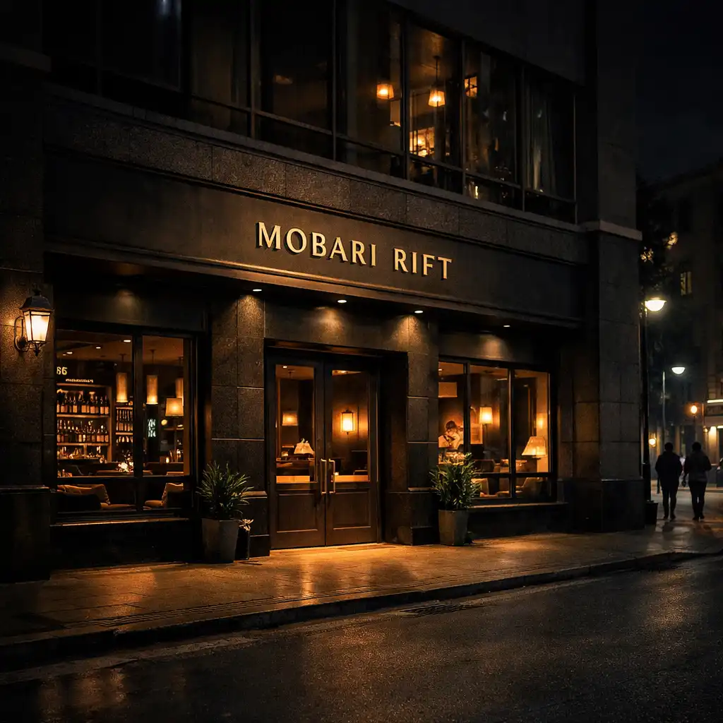 Exterior of Mobari Rift at night with a subtle brass sign and warm light spilling onto the street