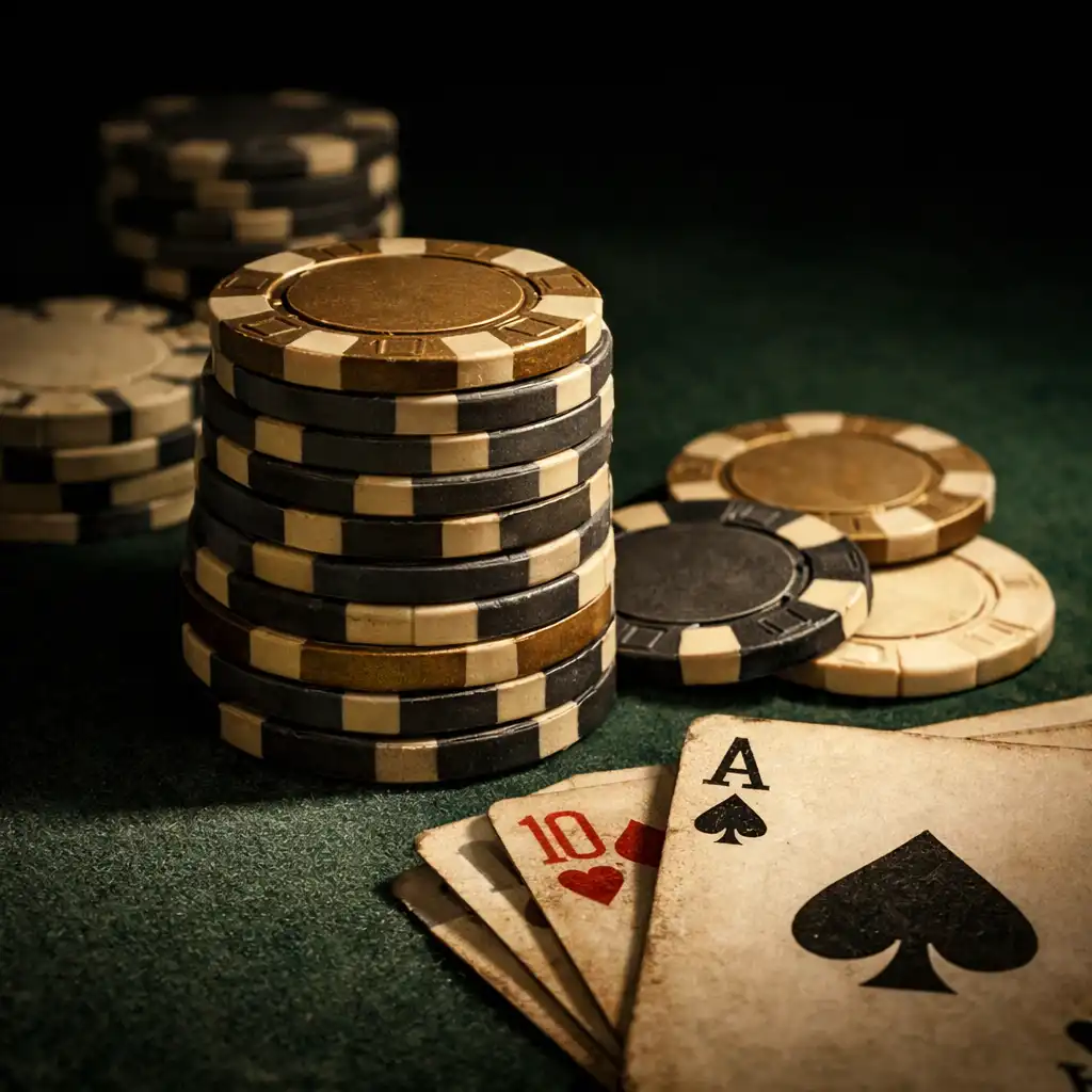 Close-up of poker chips and playing cards on dark green felt with dramatic lighting
