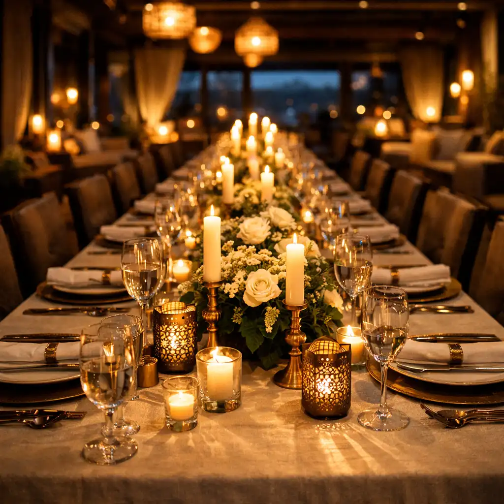 Long private event table elegantly set with candles, floral arrangements, and brass accents