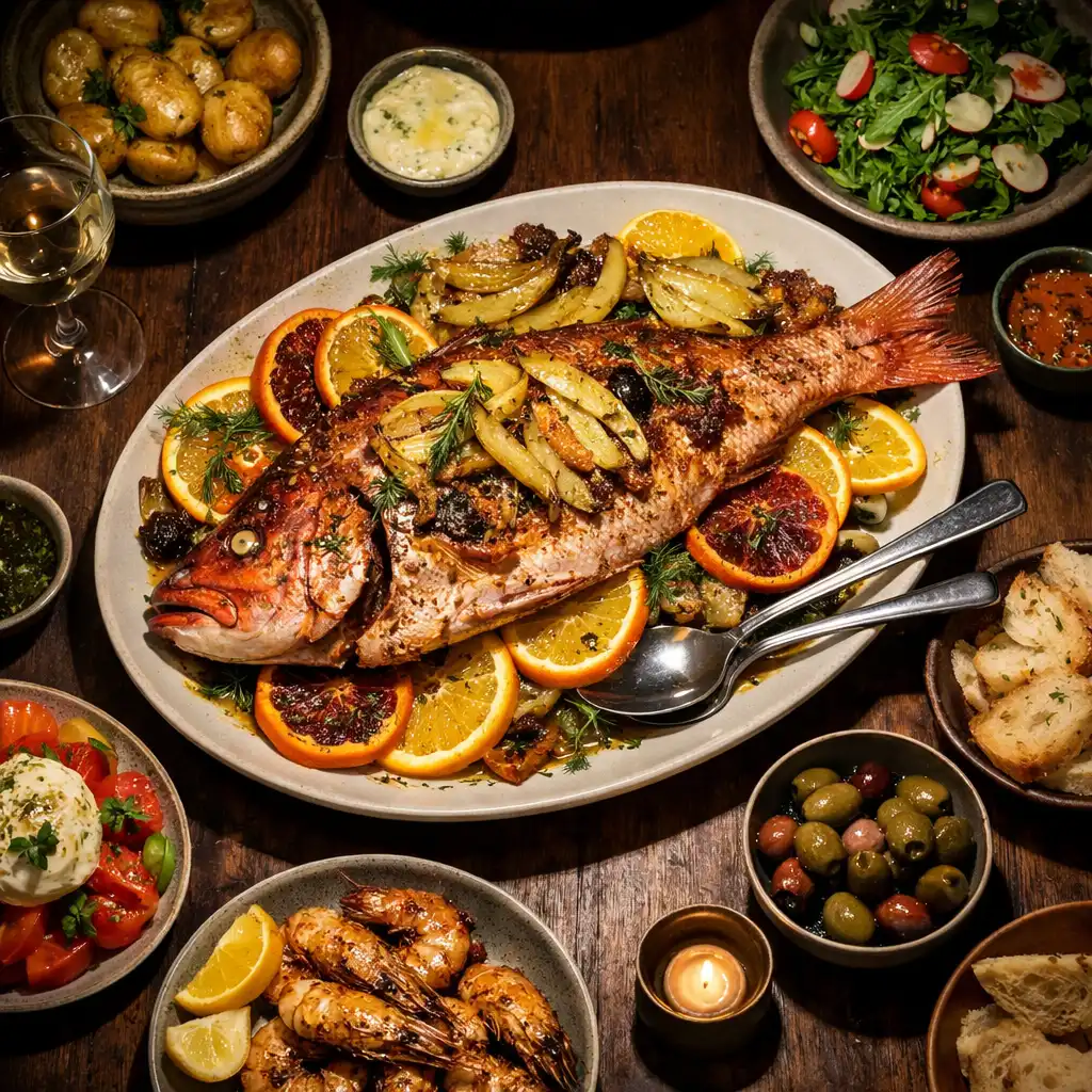 Table spread with a whole roasted snapper, fennel, and citrus surrounded by smaller sharing dishes