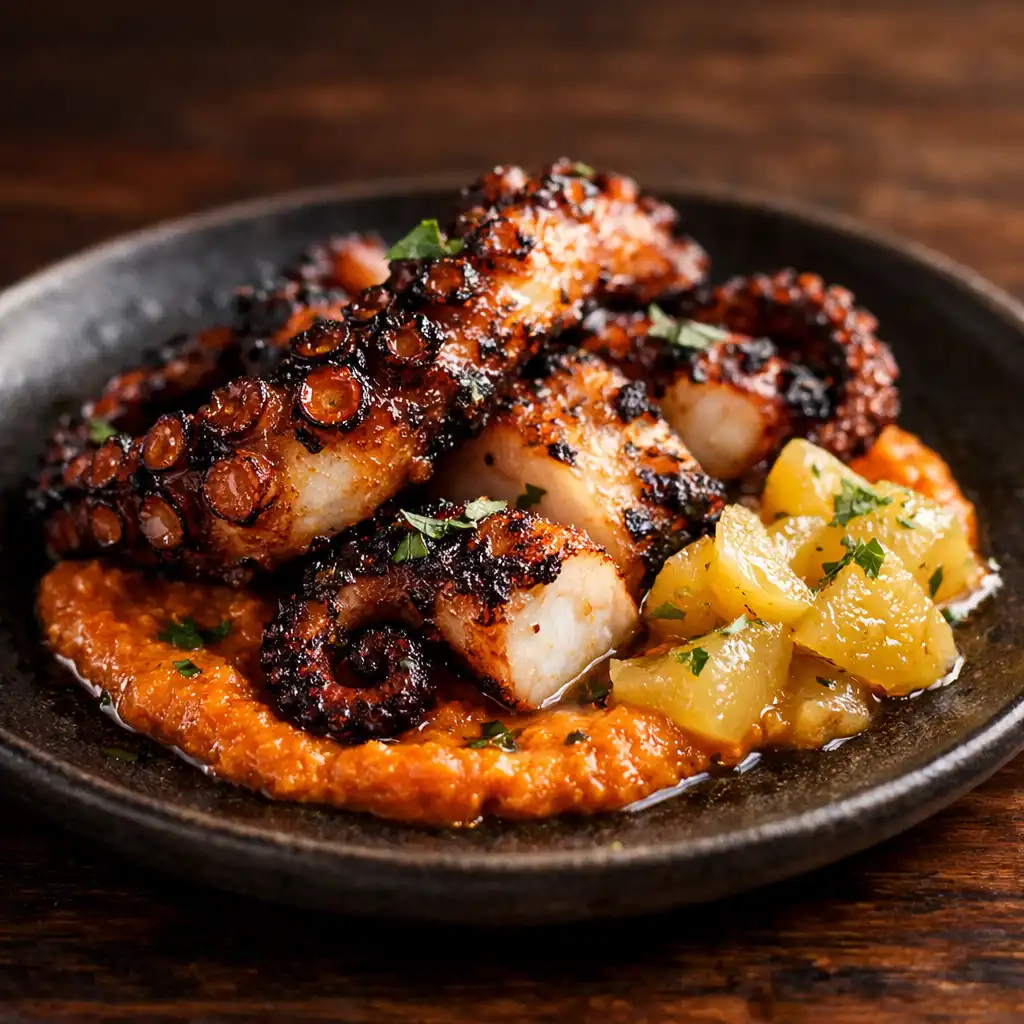 Close-up of a small plate with charred octopus, romesco sauce, and preserved lemon on a dark ceramic dish