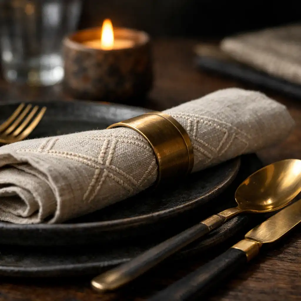 Detailed table setting with dark ceramic plates, brass cutlery, and a linen napkin