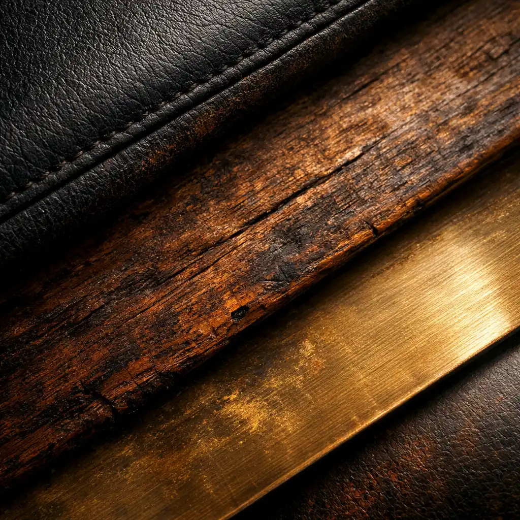 Macro shot of dark leather, aged timber, and brushed brass textures overlapping