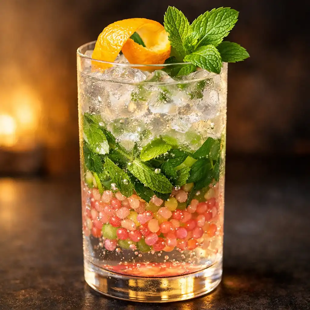 Vibrant zero-proof cocktail in a highball glass with finger lime, mint, and sparkling water, garnished with a citrus twist