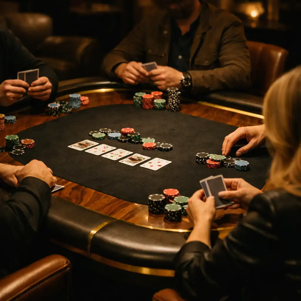 Adults playing poker at a premium walnut table in a dark, warmly lit lounge