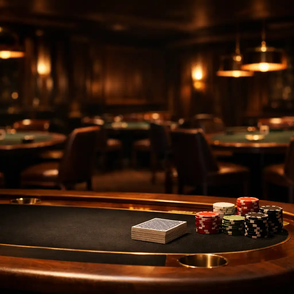Cinematic view of the Mobari Rift card lounge with a walnut poker table, brass lighting, and leather chairs