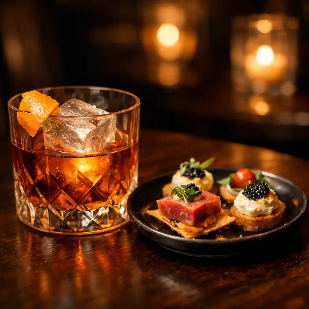 A craft cocktail and a plate of gourmet shared food on a dark wooden table in a moody restaurant setting