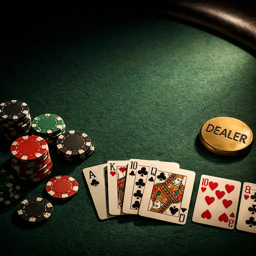 Close-up of a professional poker table with cards, chips, and a brass dealer button under a warm spotlight