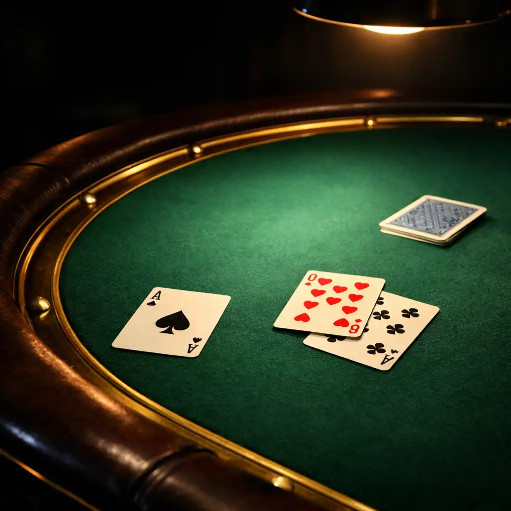 Custom poker table with smooth felt surface, brass rail accents, and scattered playing cards