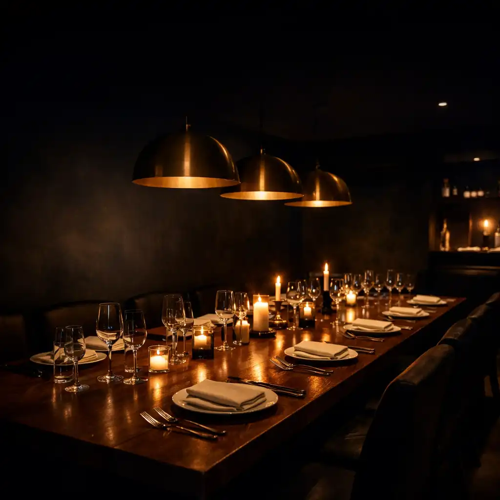 Dimly lit private dining room with a long wooden table set for a group dinner, warm brass pendant lights, and deep charcoal walls