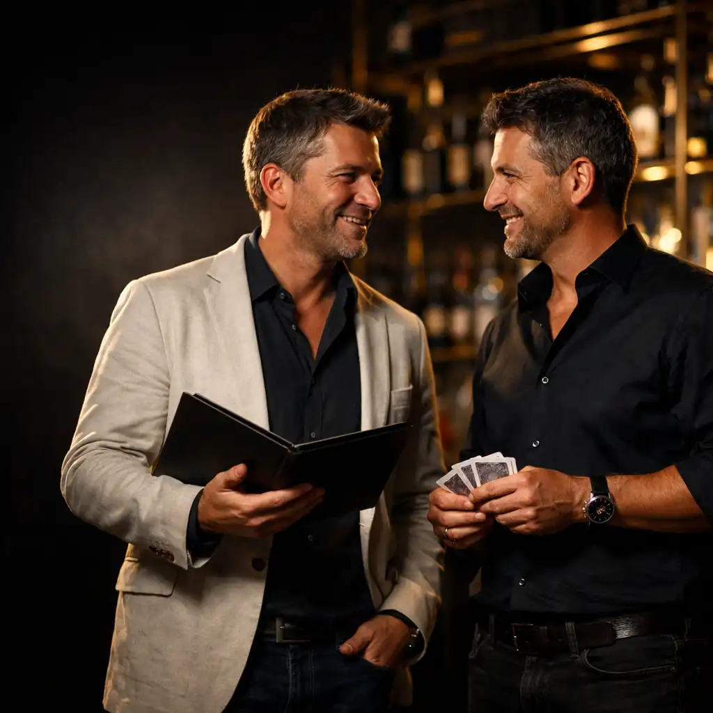 Two Mobari Rift founders conversing in a dark lounge, one holding a menu and the other a deck of cards